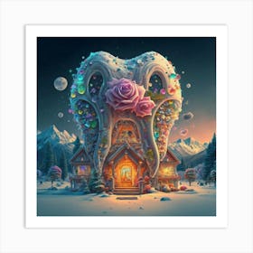 , a house in the shape of giant teeth made of crystal with neon lights and various flowers 9 Art Print