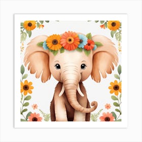 Floral Baby Mammoth Nursery Illustration (31) Art Print
