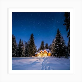 Snow Covered Landscape Under A Starry Sky Capturing A Secluded House Edged By Dense Forest Its Wind Art Print