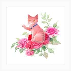 Pink Cat With Roses Art Print