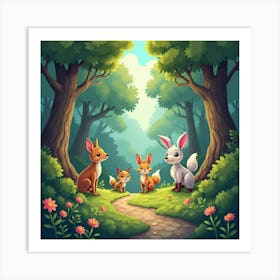 A Charming, Enchanted Forest With Playful Woodland Creatures 1 Art Print