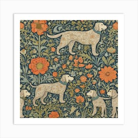 william morris with Dogs And Flowers Art Print