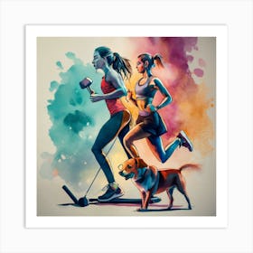 Two Women Running With Dog Art Print