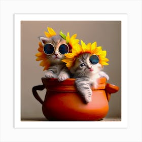 Kittens And Sunflowers In Pots 2 Art Print