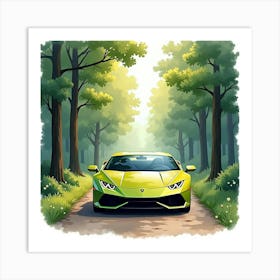 Lamborghini Huracán In A Watercolor Scenic Forest Path 1 Art Print