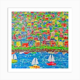 Tropical Village with Sailboats on Bay Art Print