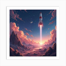 Rocket Navigating A Watercolor Beautiful Asteroid Field 1 Art Print