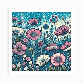 Linocut Flowers Art Print