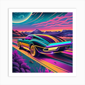 Neon Car On The Road Art Print