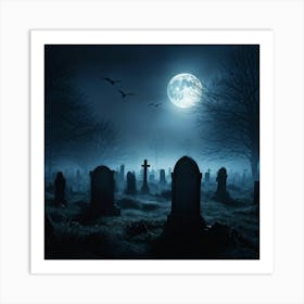 Full Moon Casting An Eerie Glow Over A Cemetery Gravestones Crooked With Names Worn By Time Mist C (6) Art Print