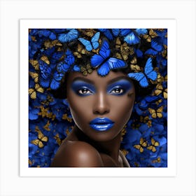 Black Woman With Blue Butterflies Art Print