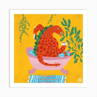 Orange Dinosaur Drinking Tea In A Bathtub Square Art Print