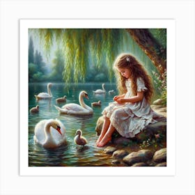 Little Girl With Swans Art Print