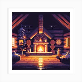 Pixel Art Cozy Cabin Night Art Print