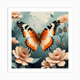 Wings of Serenity: Illustration Of A Butterfly With Flowers Art Print