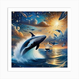 Whale out of ocean Art Print