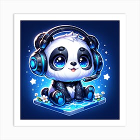 Panda Blue Headphones Art Print