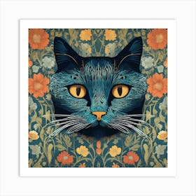 william morris Blue Cat With Flowers Art Print