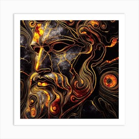 Portrait Of Greek God - Fire And Stone - An abstract artwork depicting  God of the seas, in fire and stone effect in the dark mood. Art Print