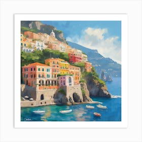 Lazy Square Impressionist Oil Painting Of The Sunny Amalfi Coast (5) Art Print