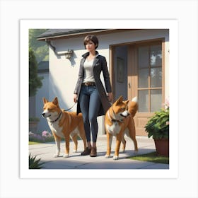 Woman And Her Dogs Art Print