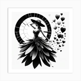 Elegant Female Figure In Dynamic Pose Surrounded By Hearts Art Print