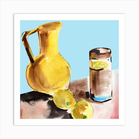 Jar With Lemons - watercolor artwork yellow light blue kitchen still life hand painted Art Print