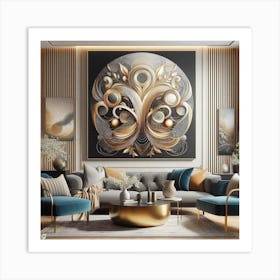 Gold And Blue Living Room Art Print