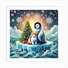 Baby penguin with a baby cat (Christmas) Art Print