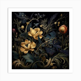 Golden Flowers and Buds on a dark background Art Print