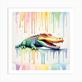 Rainbow Alligator Watercolor Dripping Art Print