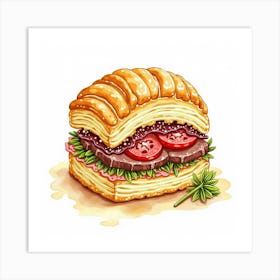 A Vibrant Watercolor Painting Of A Classic Beef Wellington With A Golden Puff Pastry Crust 1 Art Print