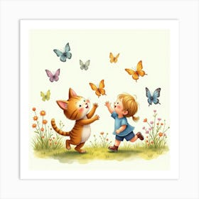 Playful Kitten And Child Chasing Butterflies, Watercolor, Garden Scene 1 Art Print