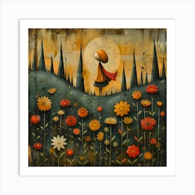 Little Girl In A Flower Field, Naïf, Whimsical, Folk, Minimalistic Art Print