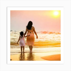 Mother And Daughter Walking On The Beach Art Print