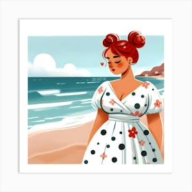 Girl In Polka Dot Dress and Double Bun Red Hair Art Print