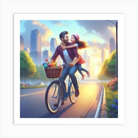 Father And Daughter On A Bicycle 1 Art Print