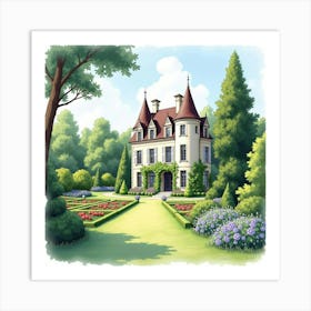 Watercolor Serene French Château Overlooking Lush, Manicured Gardens 1 Art Print