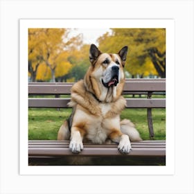 Dog Sitting On Park Bench Art Print