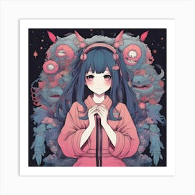 Anime Girl with Monster Art Print