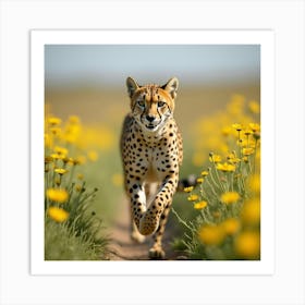 Cheetah Running In Wildflowers 1 Art Print