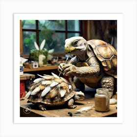 Tortoise Attaching The Feathers To His Shell Using The Special Glue (1) Art Print