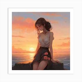 Girl Sitting On A Rock At Sunset Art Print