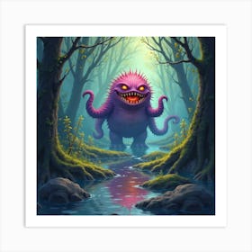 Monster In A Colorful Watercolor Swamp, Surrounded By Dark Magic 1 Art Print