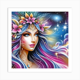 Mermaid Girl With Flowers Art Print
