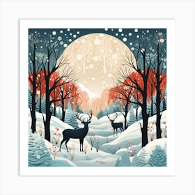 Winter Forest With Deer Art Print
