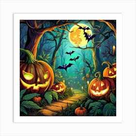 Firefly Halloween Jungle With Bats And Pumpkins Around Glowing Under The Moonlight 17457 Art Print