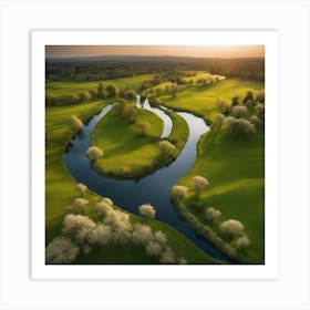 A Scenic Countryside Landscape With Green Meadows, Blooming Trees, And A Winding River 1 Art Print