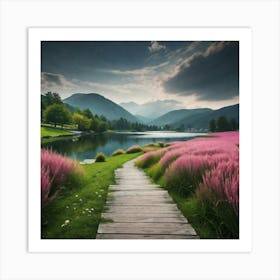 Pink Flowers By The Lake Art Print