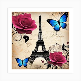 Paris Roses And Eiffel Tower Art Print